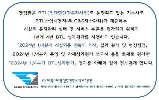 [정보공개] 2024년 1/4분기 BTL기숙사(행림관) 성과평가 결과