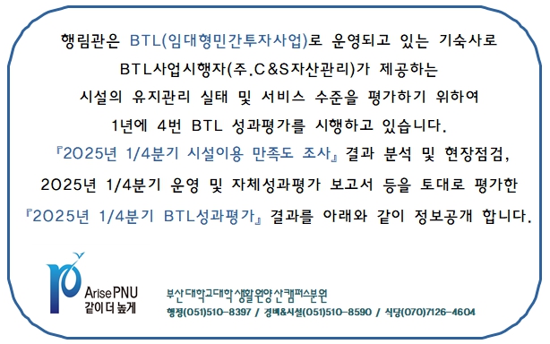 [정보공개] 2025년 1/4분기 BTL기숙사(행림관) 성과평가 결과
