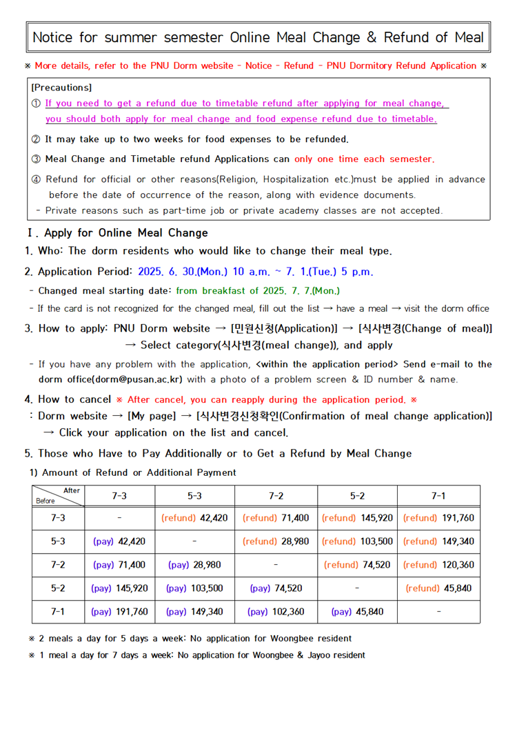 2025학년도 하기개원 온라인 식사변경 및 식비 환불 신청 안내
